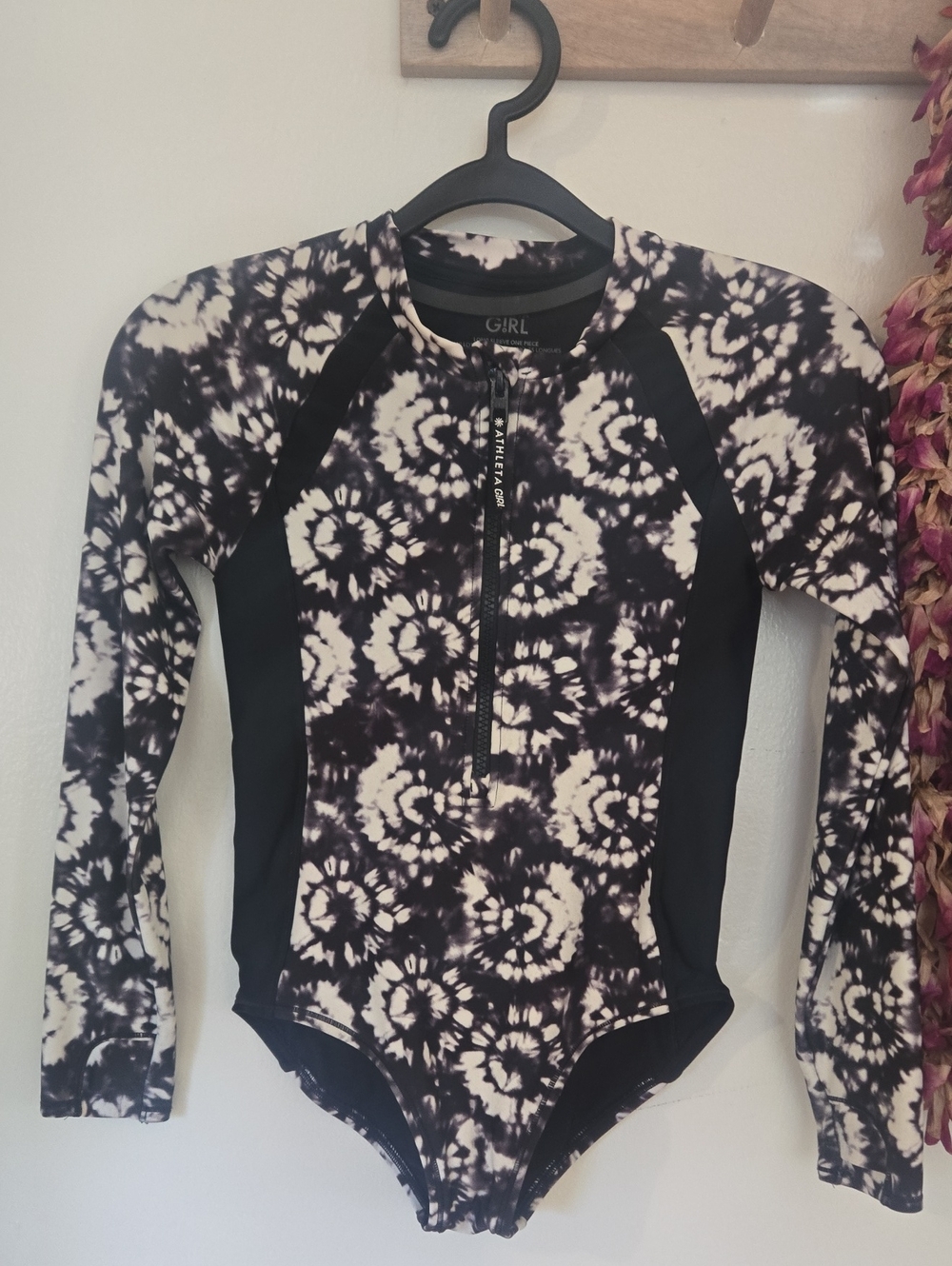 Athleta Black & White Tie-Dye Long-Sleeve One-Piece
